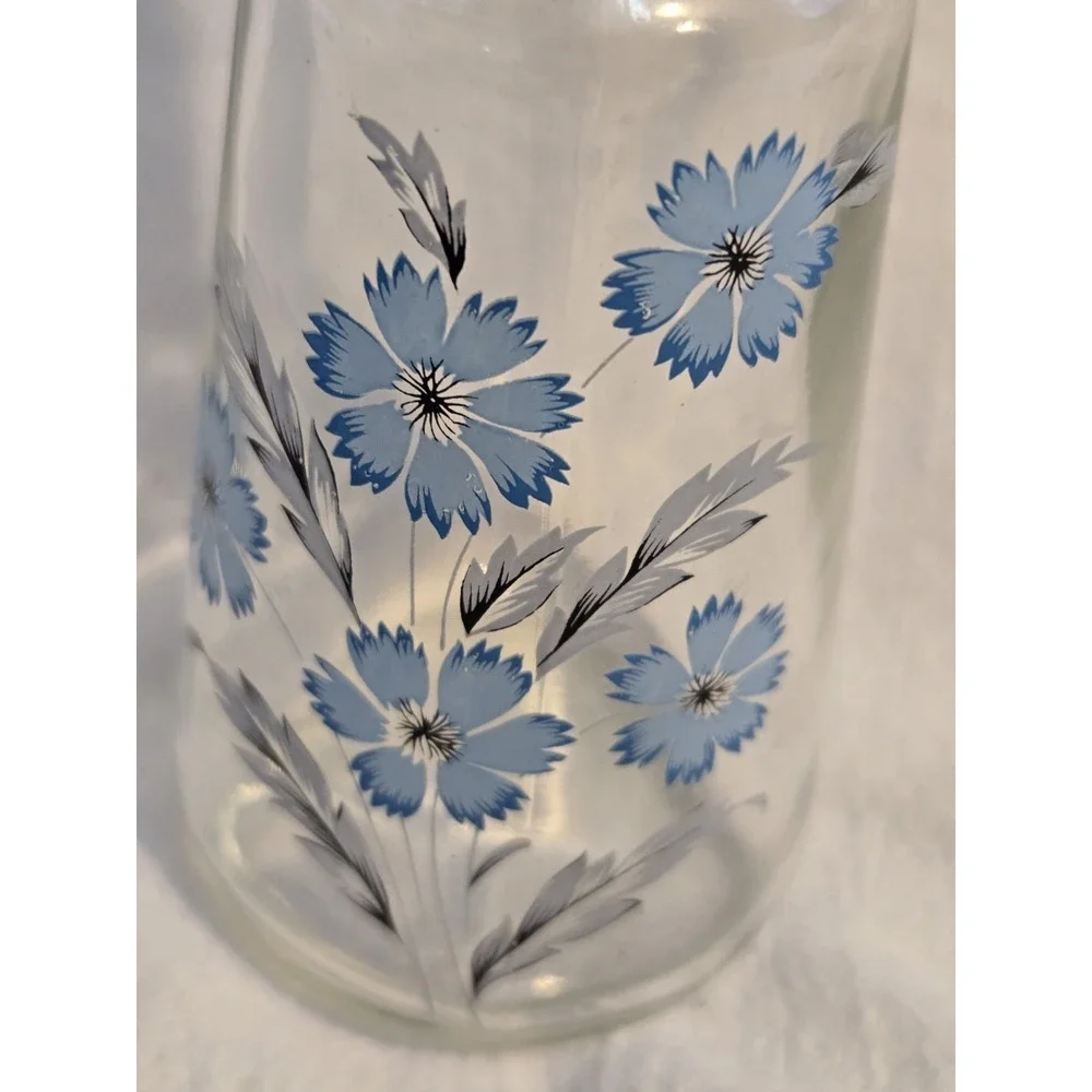 Vintage Farmhouse Glass Blue Floral Vinegar or Oil Cruet Syrup Pitcher Small